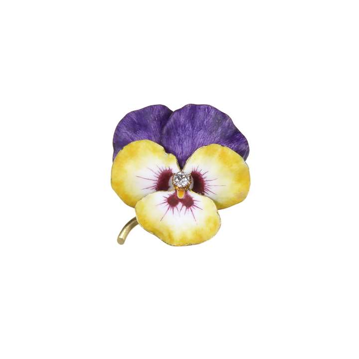 Antique yellow and purple enamel and diamond pansy brooch